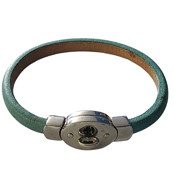 Vtg Fossil Iconic Green Leather Kiss Lock Bracelet - Picture 1 of 7